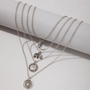 Vintage silver layered necklace set featuring 3D elephant and crescent moon pendants