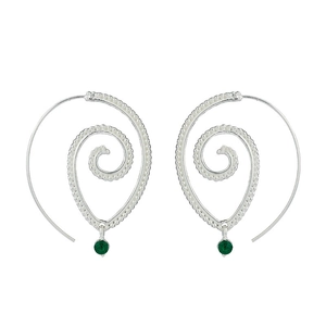 Macro detail of silver leaf spiral earrings featuring elegant round green emerald stones