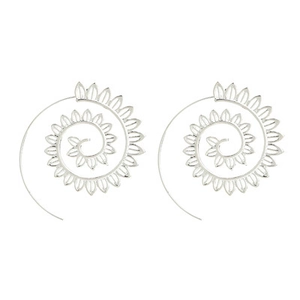 Minimalist silver spiral drop earrings with crystal accents and hollow leaf design