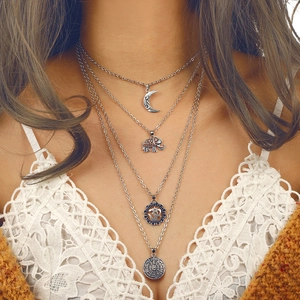Bohemian silver multi-layer necklace set with 3D elephant, crescent moon and OM pendants