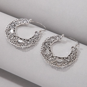 Bohemian vintage hollow lace floral hoop earrings in silver-tone retro metal finish