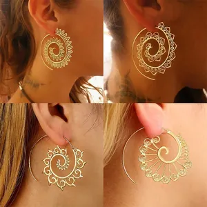 Alloy Spiral Hoop Earrings Vintage Bohemian Ethnic Style Hollow Leaf Pattern Jewelry Women