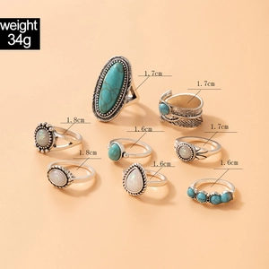 Detailed view of bohemian turquoise ring set with 34g weight and size measurements