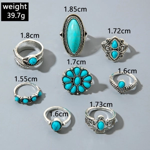 Detail view of 8-piece vintage silver rings set with turquoise stones and ethnic engravings