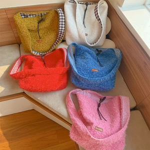 Furry oversized crossbody bag in five vibrant colors with plush texture and stylish check trim