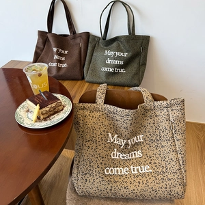 Women Vintage Suede Leopard Print Tote Bag Large Capacity Shoulder Bag With Letter Print Magnetic Snap Casual Handbag