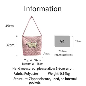 Pink heart quilted corduroy shoulder bag showing size details and dimensions for daily use