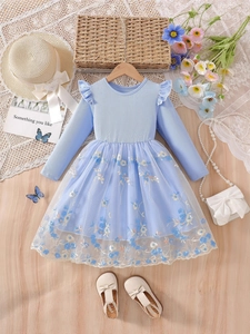 Girls Long Sleeve Dress Knit Ribbed Patchwork Mesh Tulle Skirt Floral Embroidery Ruffles Sweet Princess Elegant