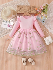 Pink long sleeve girls princess dress with mesh floral embroidery and ruffle details