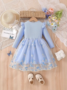 Long-sleeved blue princess dress with floral embroidery and ruffled sleeves for girls