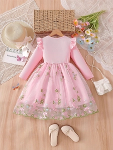 Pink long sleeve girls princess dress with floral embroidery and ruffle details