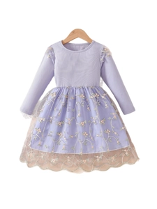 Mädchen Langarm Prinzessinnenkleid mit Blumenstickerei und lila Tüllrock