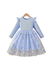 Light blue long sleeve girls princess dress with floral embroidery and ruffle details