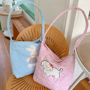Quilted heart corduroy tote bags with cute bunny and puppy embroidery in blue and pink
