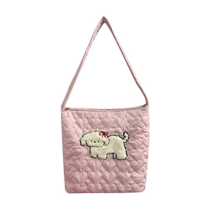 Pink heart quilted corduroy shoulder bag with cute white puppy embroidery for women