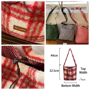 Retro plaid lambswool tote bag with dimensions showing height, width, and strap length