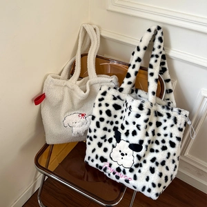 Cute Plush Dog Embroidery Tote Bag Large Capacity Shoulder Bag Women Faux Fur Spotted Pattern Winter Casual Handbag