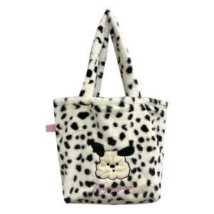 Fuzzy faux fur tote bag with black and white cow print and puppy embroidery detail