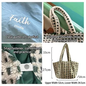 Green checkerboard plush tote bag in soft fleece with detailed dimensions and snap button