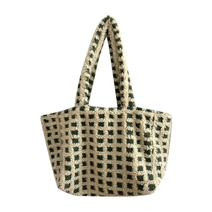 Winter plush tote bag with green and white checkerboard pattern and large capacity