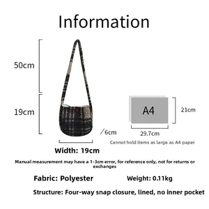 Size information and dimensions chart for plaid fleece crossbody bag with A4 comparison