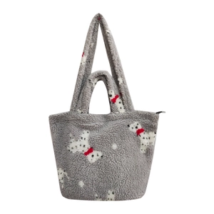 Winter plush bucket tote bag in grey featuring a cute dog pattern with a red bow