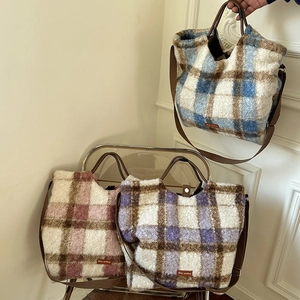 Retro plaid plush tote bag with adjustable shoulder strap in three soft colors