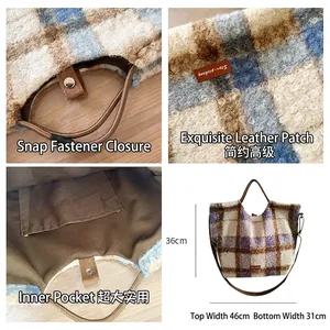 Retro plaid plush tote bag with adjustable strap and multi-angle product details