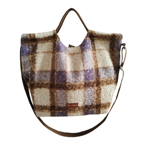 Retro plush plaid tote bag with purple and brown check pattern and adjustable strap