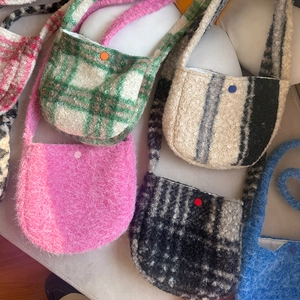 Retro lamb wool plaid crossbody bag in various colors including pink green and blue