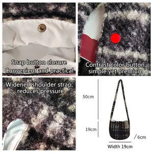 Retro lamb wool plaid crossbody bag with wide strap and 19x19x6cm dimensions