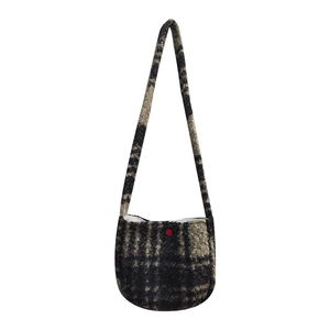 Retro lamb wool plaid crossbody bag with a red button detail on white background