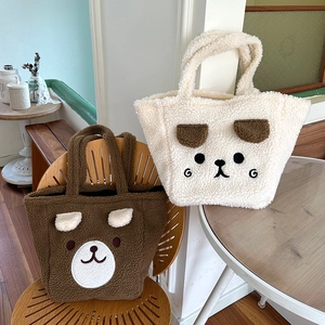 Cute Cartoon Bear Ear Faux Lamb Wool Tote Bag Large Capacity Soft Plush Shoulder Bag For Women Daily Casual Winter Bag