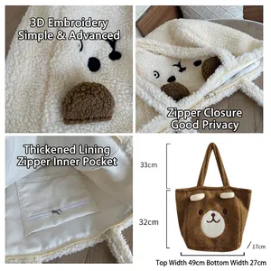 Cute teddy bear fleece tote bag with 3D ears and large capacity for winter style