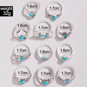 Detail showing 11pcs bohemian turquoise ring set with 1.6cm and 1.7cm inner diameters