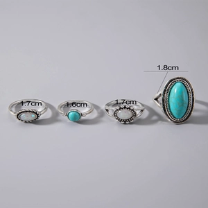 Detailed view of bohemian turquoise ring set with vintage silver finish and size specs