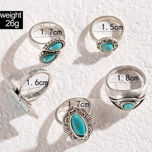 Detailed view of bohemian turquoise ring set with vintage silver engravings and sizing info