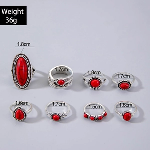 Detail view of 8-piece vintage silver ring set with turquoise stones and feather carvings