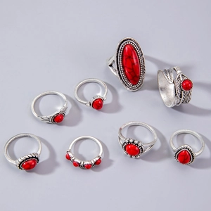 8-piece set of vintage bohemian rings with red turquoise and silver feather engraving