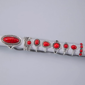 Detail of 8pcs bohemian feather rings set with red turquoise in antique silver finish