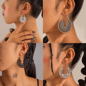 Vintage Bohemian Hollow Out Mandala Drop Earrings Alloy Geometric Floral Totem Pattern Hook Earrings For Women Jewelry Gift