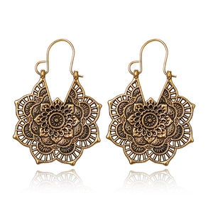 Bohemian style mandala flower hollow metal drop earrings in vintage bronze finish