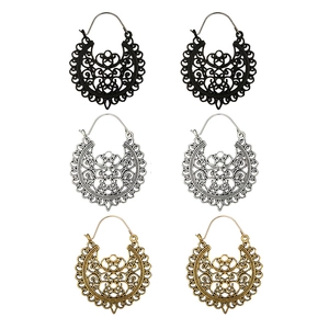 Böhmische Vintage-Metall-Creolen mit Hohlmuster in Schwarz, Silber und Gold-Finish