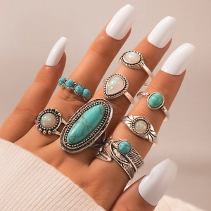 Bohemian 8-piece vintage silver ring set with turquoise and opal stones for women