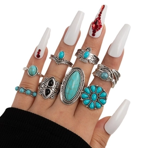 Bohemian 8-piece vintage silver-plated ring set with turquoise and eagle carvings