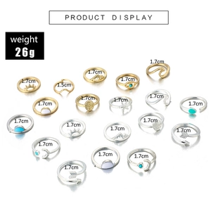 Detailed view of 17-piece bohemian ring set with vintage sun, moon and eye patterns