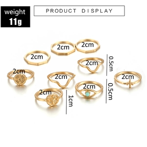 Detailed view of 9-piece retro gold ring set with turquoise and geometric patterns