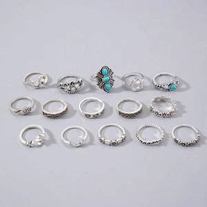 15-piece vintage silver knuckle ring set with turquoise flower moon and star designs