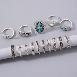 14-piece vintage silver boho knuckle rings set with turquoise, moon and flower charms