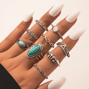 Detail of 9-piece bohemian vintage ring set featuring turquoise stones and silver texture